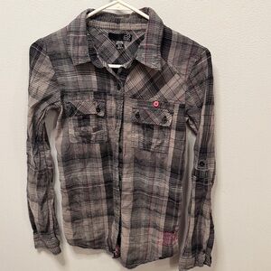 Fox Black, Gray and Pink Plaid Button-Up Shirt